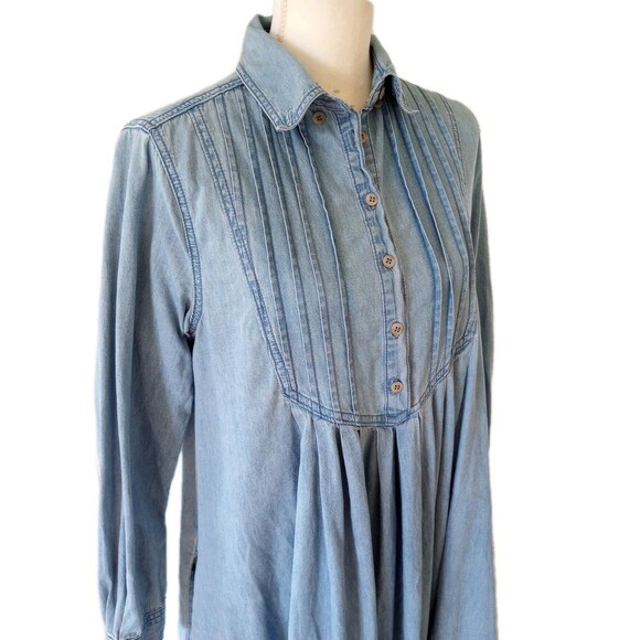April Cornell Dress Small Denim Pintuck Prairie Boho Peasant Cottage Pockets - Picture 3 of 9